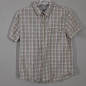 Lucky Brand Mens L Gray White Beige Plaid Slim Fit Short Sleeve Button Up Shirt